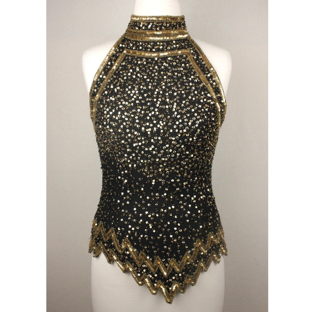 Vintage Silk Beaded Sequin Halter Top M Black Gold 90s Glam Gatsby Y2K